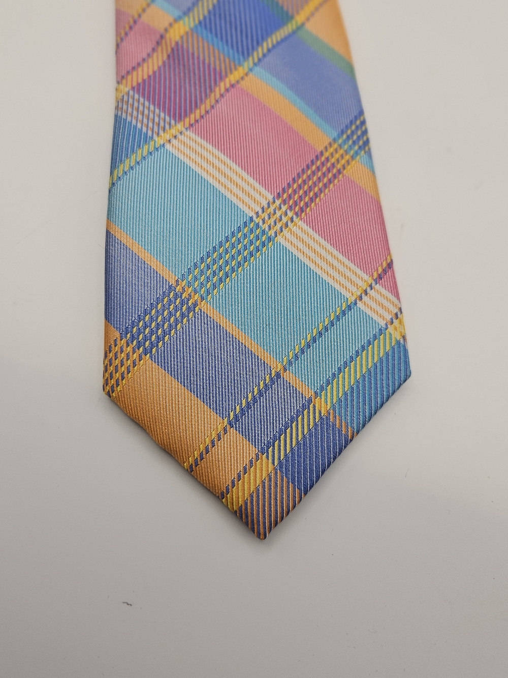 Izod Plaid Multicolor Men's Necktie - Blue, Pink & Orange #4139